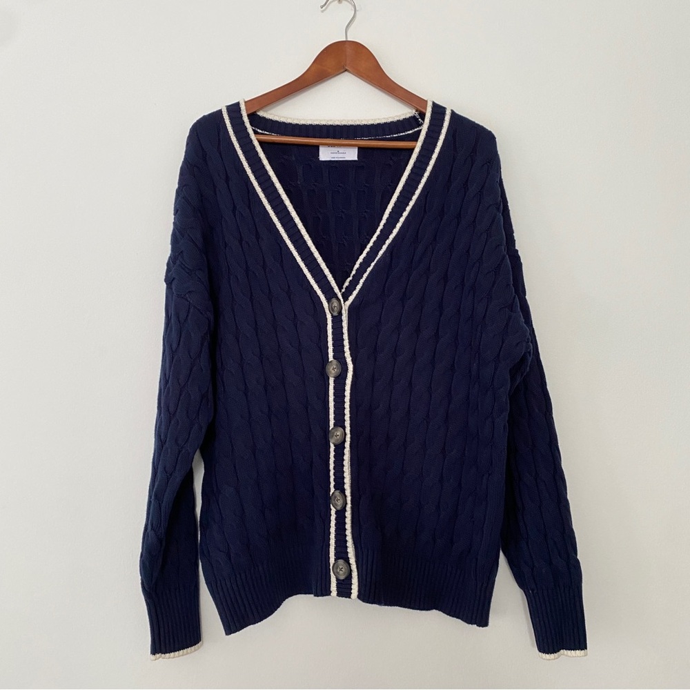 Old Navy Navy Blue Cable Knit Varsity Cardigan Sweater M Cream Trim Preppy